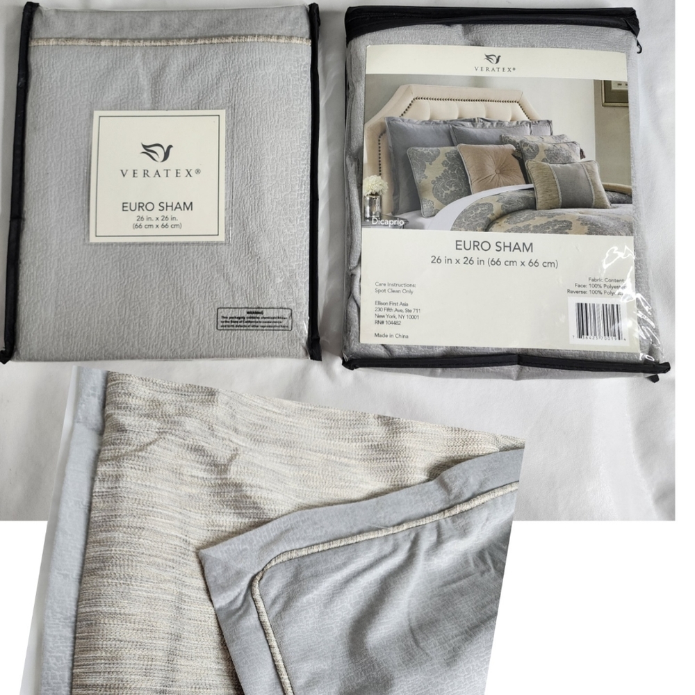 Veratex Euro Sham Set of 2 Reversible Ultrasoft Gray & Cream Dicaprio NWT